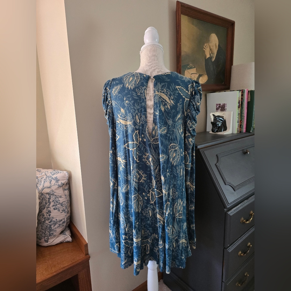 Free People Womens MEDIUM long Puff Sleeves Green Floral Short Dress - Picture 4 of 8